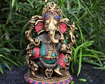 Lord Ganesha Brass Statue | Ganesha Inlay Stone Figure | Home decor | Religious Gift