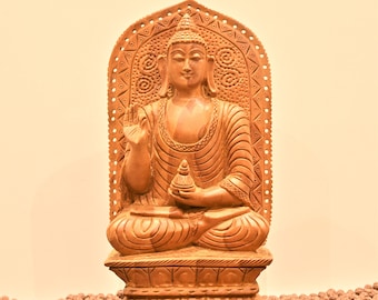 Hand Carved Wooden Buddha Statue: Teaching Mudra, Indian Decor