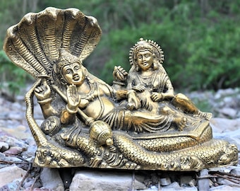Handmade Brass Vishnu Lakshmi Statue: Hindu Preserver God, Goddess of Wealth (10 inches)