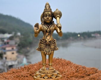Handmade Brass Hanuman Statue: Hindu Monkey God Home Decor (21cm)