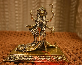 Handmade Brass Kali Statue: Hindu Goddess Shakti Decor 11 cm