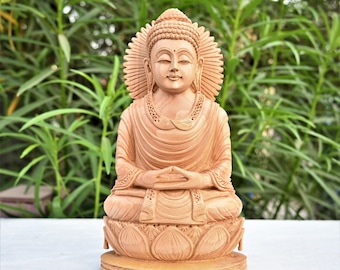 Hand Carved Wooden Buddha Statue: Dhyana Mudra, Lotus Figurine