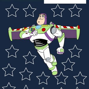 May include: A blue background with a white outline of stars. In the center is a cartoon image of Buzz Lightyear from the Toy Story movie. The text "SEPTEMBER" is at the top of the image in green letters. The text "Name" is at the top right of the image.