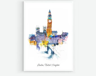London United Kingdom Travel Poster, City Print, Wall Art Decor, Europe Travel Gift, Printable Wall Art, Travel Print, Watercolor Painting