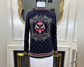 Vintage Rainbow Ridge Sweater S | Nordic Floral Knit Hong Kong Acrylic