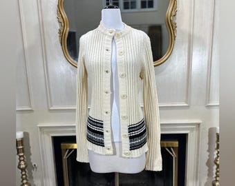Vintage Dalton Ribbed Button Cardigan Cream Black Stripe Retro Knit Sweater S/M