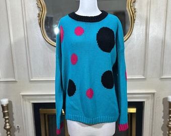 Vintage Emporio Gilano 80s 90s Oversized Polka Dot Sweater 2X Blue Black Pink
