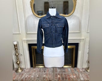 Marla Floral Needlepoint Embroidered Denim Jacket Sz S Stretch Boho vintage