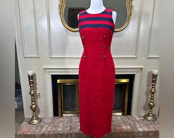 Althuser Vintage Red Linen Blend Nautical Midi Dress with Buttons Sz 10