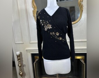 Vintage de Rothchild Beaded Wrap Sweater L Black Gold Fuzzy Glam