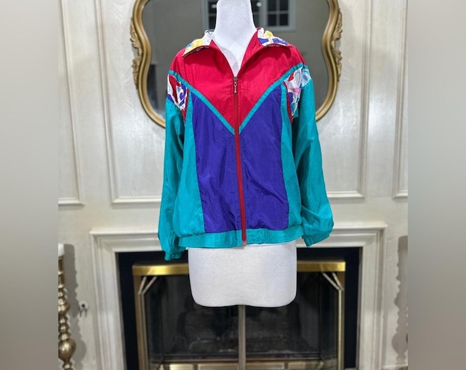 Vintage 80s Colorblock Windbreaker Jacket L Nylon Zip Casual Brocade - Etsy
