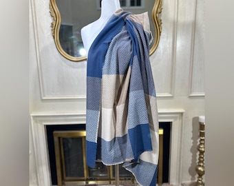 Vintage JC Penney Italian Plaid Wrap Scarf Shawl 51x51 Blue Beige Check