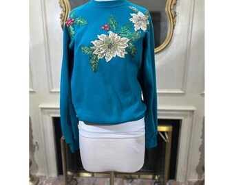 Lee Sweatshirt Large Vintage Poinsettia Christmas Grandma Core Kitsch