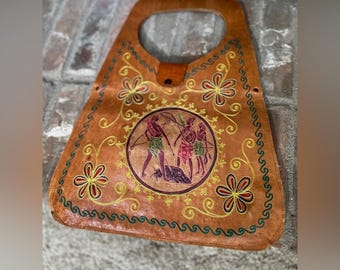 Vintage Tooled Leather Tote Bag Boho Embroidered Hunters Scene 17”x23.5”