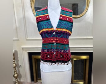 Vintage Carole Little Beaded Sweater Vest Medium Boho Knit Tank