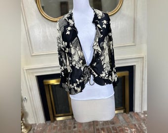 Vintage Nina Piccalino Sheer Floral Tie Front Ruffle Jacket Top M