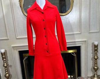 Vintage David Crystal Red Button-Front Dress Heavy Knit Collared (fits small)