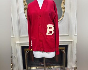 Dallas Knitting Co Red Varsity Cardigan Size 40 Vintage Choir Patch Retro Preppy