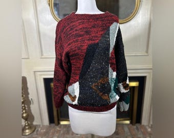Western Connection Vintage Abstract Knit Sweater Red Black Multi Medium