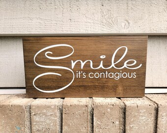 Painted Wood 5.5x12 - Smile, It's Contagious - Wood Wall Art or Table Top Sign Decor