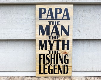 Enseigne peinte - pin 6 x 12 - Papa l'homme le mythe la légende de la pêche - cadeau pêcheur - fête des pères - décoration murale en bois à suspendre