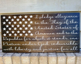 Painted Sign - Pine 12x24 - Dark Walnut & White - Pledge American Flag - Patriotic - America - USA - Wood Wall Art Hanging Decor