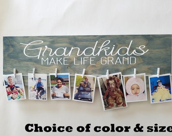 Custom Painted Grandkids Make Life Grand Photo Display Board - Choose Name, Color, Size - Wood Wall Art Hanging Decor Sign