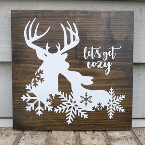 Painted Sign - Pine 11.25 - Gray White - Deer Couple Let&#39;s Get Cozy - Winter - Holiday - Christmas - Wood Wall Art Hanging Decor - Walnut