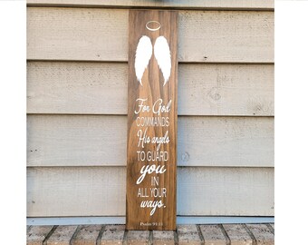 Painted Pine Sign 24 x 5.5 -For God Commands His Angels To Guard You Psalm 91:11 Wings- Wood Wall Art Hanging Decor - Dark Brown & White