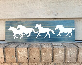 Painted Blue Pine 5.5 x 18 - Running Horses Wood Sign