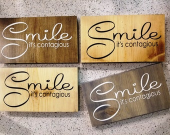 Painted Sign  -  Pine 4 x 7 - Smile, It's Contagious  - Wood Wall Art Tabletop Decor - Great Gift