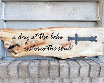 Painted Sign - Lombardy Poplar Wood  31 x 10 - a Day at the Lake Restores the Soul with canoe & dog- Wall Art Hanging Decor Cabin Lake House