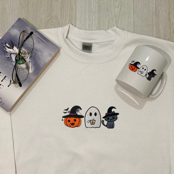 Heavy Blend Embroided Halloween cute Pumpkin Cat and Ghost trio Sweatshirt and mug, the perfect halloween gift, Free Uk shipping
