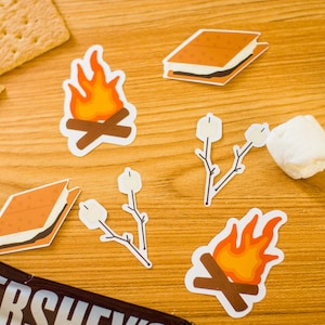 Smores Stickers, Pack of 6, Vinyl Sticker Set, Camping Stickers, Hand Drawn Stickers, Campfire Stickers, Laptop Sticker Decal