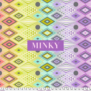 May include: A fabric swatch featuring a repeating geometric pattern of diamonds, triangles, and circles in a rainbow gradient from yellow to purple. A purple rectangular overlay in the center displays the white text MINKY. A ruler is visible at the bottom.
