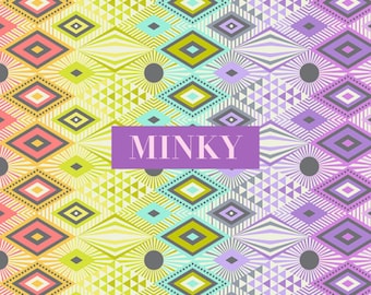 May include: A fabric swatch featuring a repeating geometric pattern of diamonds, triangles, and circles in a rainbow gradient from yellow to purple. A purple rectangular overlay in the center displays the white text MINKY. A ruler is visible at the bottom.