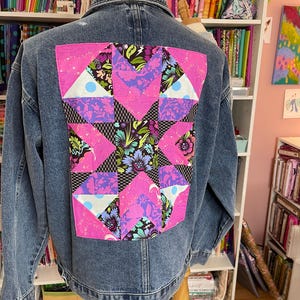Handmade Quilt Block Denim Jacket | Tula Pink Fabric Patchwork | One of a Kind Upcycled Jacket | Women's Size L