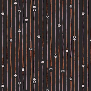 May include: A black fabric pattern featuring vertical stripes in shades of orange, light purple, and white. The design is interspersed with small, white, hand-drawn style skulls and crossbones scattered throughout the vertical lines.