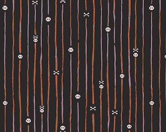 May include: A black fabric pattern featuring vertical stripes in shades of orange, light purple, and white. The design is interspersed with small, white, hand-drawn style skulls and crossbones scattered throughout the vertical lines.