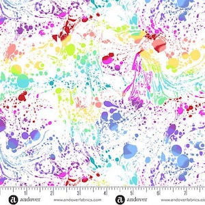 May include: A white fabric featuring a vibrant, multi-colored marbled pattern with splatters of red, yellow, lime green, blue, and purple. A ruler at the bottom shows the fabric width extends past 7 inches, with the text and logo andover fabrics.