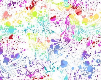 May include: A white fabric featuring a vibrant, multi-colored marbled pattern with splatters of red, yellow, lime green, blue, and purple. A ruler at the bottom shows the fabric width extends past 7 inches, with the text and logo andover fabrics.
