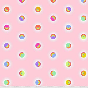 May include: A light pink fabric featuring a repeating pattern of circular sunburst motifs. Each motif consists of a semi-circle rainbow paired with a solid color semi-circle in shades of yellow, orange, purple, blue, or green, surrounded by white rays.