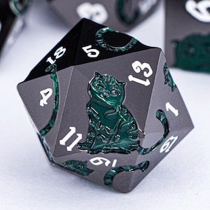 Black Nickel Green Cat Cat Dnd Metal Dice Set D and D Dungeons and Dragons Pathfinder Role Playing Game Dice D&D Polyhedral D20 Game Dice