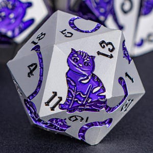 Silver Purple Cat Cat Dnd Metal Dice Set D and D Dungeons and Dragons Pathfinder Role Playing Game Dice D&D Polyhedral D20 RPG Game Dice