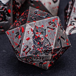 Blood Dripping Cat Cat Dnd Metal Dice Set D and D Dungeons and Dragons Pathfinder Role Playing Game Dice D&D Polyhedral D20 RPG Game Dice