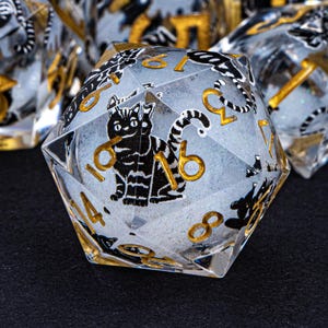 Black Cat White Liquid Core Dnd Sharp Edge Resin Dice D and D Dungeons and Dragons Role Playing Game Polyhedral D&D D20 MTG Roll Dice Set