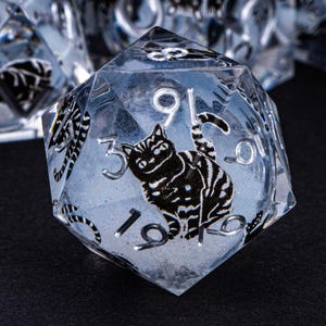 White Liquid Core Black Cat  Dnd Sharp Edge Resin Dice D and D Dungeons and Dragons Role Playing Game Polyhedral D&D D20 MTG Roll Dice Set
