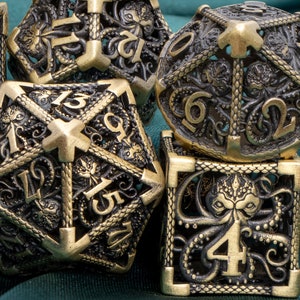 DND Hollow Metal Cthulu Dice Set | Dungeons and Dragons D&D D20 Call of Cthulhu Dice | D and D Bronze Polyhedral RPG D6 Mind Flayer Dice Set