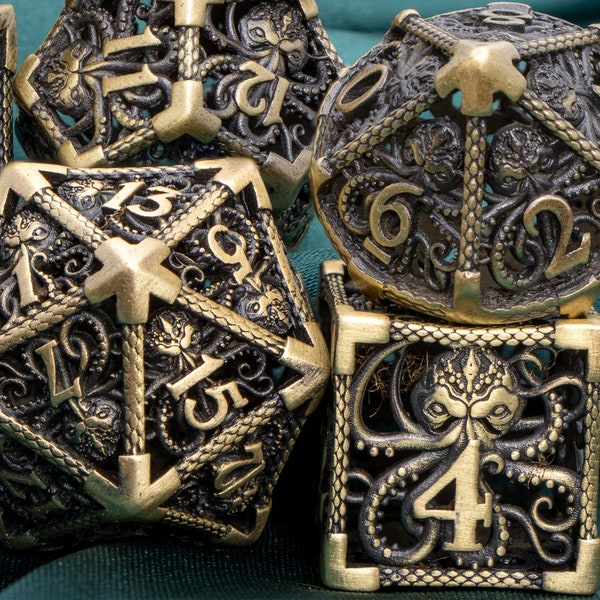 DND Hollow Metal Cthulu Dice Set | Dungeons and Dragons D&D D20 Call of Cthulhu Dice | D and D Bronze Polyhedral RPG D6 Mind Flayer Dice Set