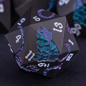 Purple Green Cat Dnd Metal Dice Set D and D Dungeons and Dragons Pathfinder Role Playing Game Dice D&D Polyhedral D20 Black Board Game Dice